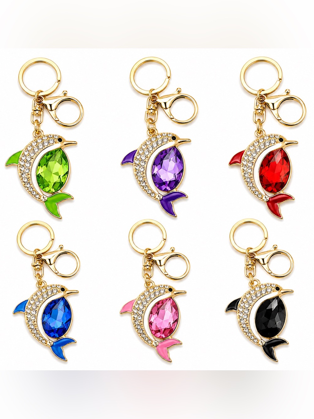 Jeweled Dolphin Crystal Rhinestone Keychain Bag Charm Purse Charm Gold Tone